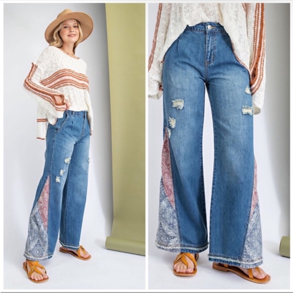 easel Denim - NWT Easel Patchwork Flare Highrise Jeans Western Country Bohemian Southern L